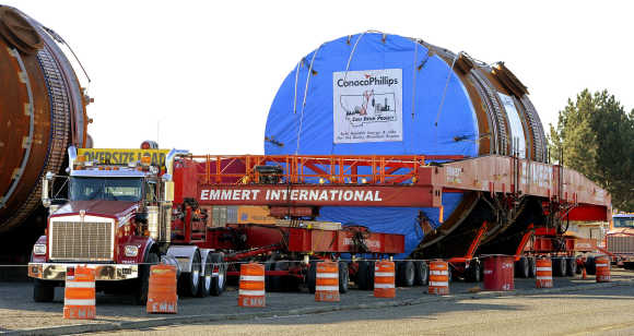 One of four megaloads of refinery equipment is prepared to be transported at the Port of Lewiston in Idaho.