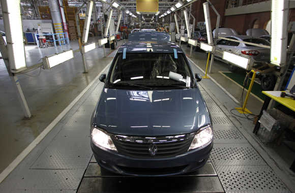 Renault vehicles at an assembly line of a car maker plant in Moscow.