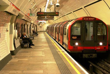 A tube train at Lancaster Gate station, London.