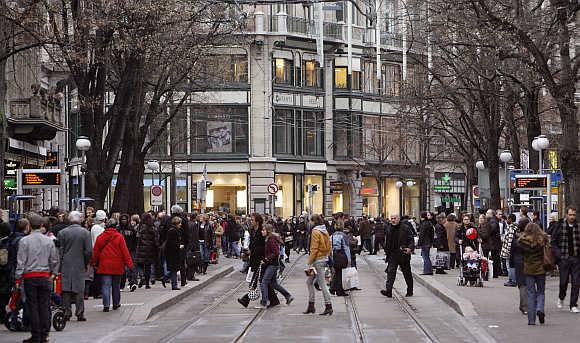 A view of Zurich's main shopping street Bahnhofstrasse.