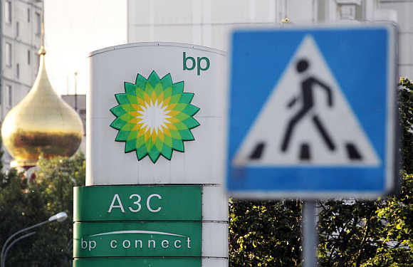 A sign board of a BP petrol station in Moscow.