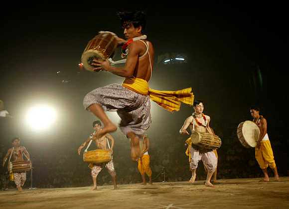 Folk dancers of Manipur perform.
