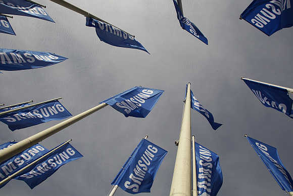 Samsung flags are set up at main entrance to Berlin fair ground.