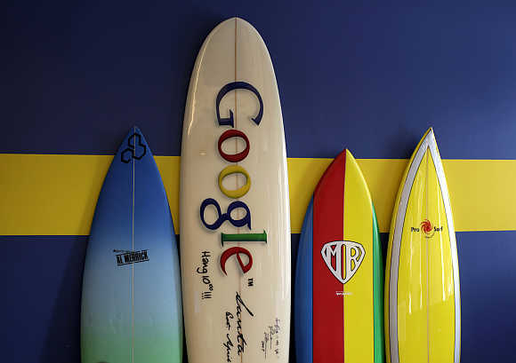 Surfboards lean against a wall at the Google office in Santa Monica.