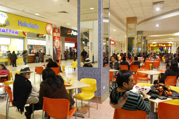 A shopping mall food court in Huancayo city in Peru's central Andes.