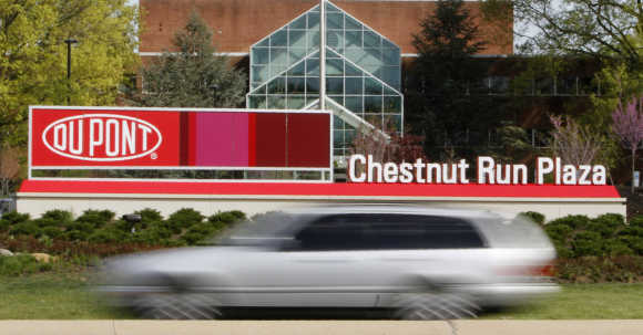 A view of the Dupont logo on a sign at the Dupont Chestnut Run Plaza facility near Wilmington, Delaware, United States.