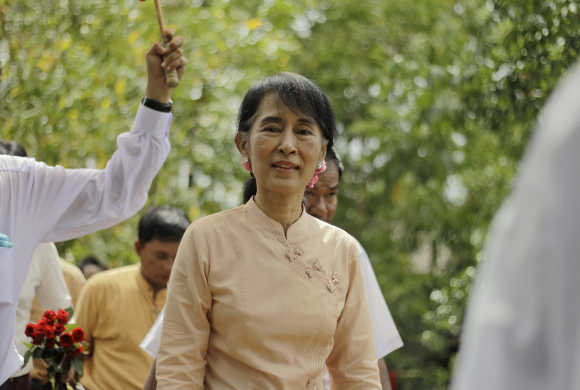Aung San Suu Kyi in the Pathein township, capital of the Irrawaddy division, in Myanmar.