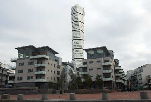View of the Turning Torso in the western harbour area of Malmo.