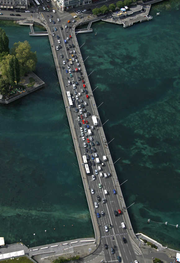 Traffic on the Mont-Blanc bridge over Lake Leman in Geneva.