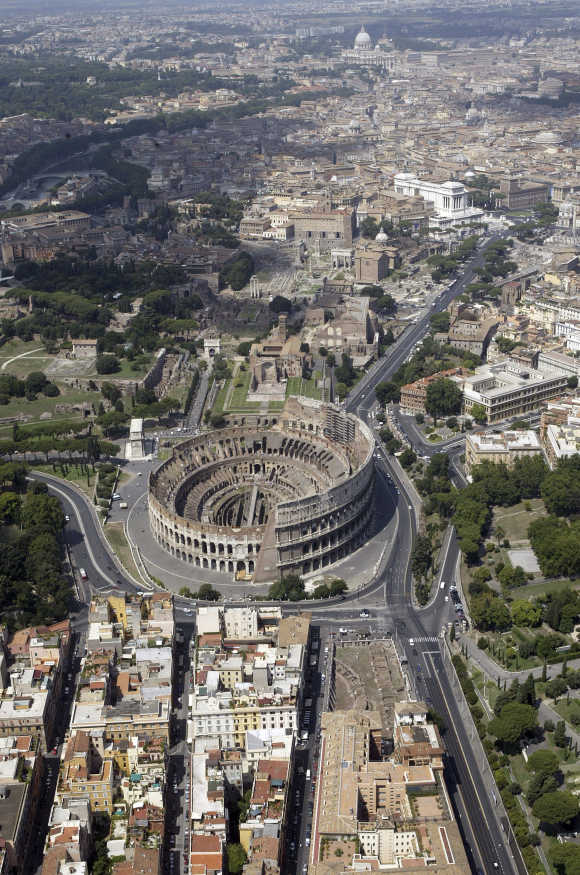 An aerial view of the Colosseum in Rome.