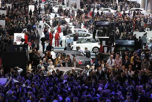 A general view shows one of the exhibition rooms at the Paris Motor Show 2012