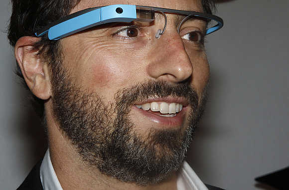 Google founder Sergey Brin wears Google Glass in New York.