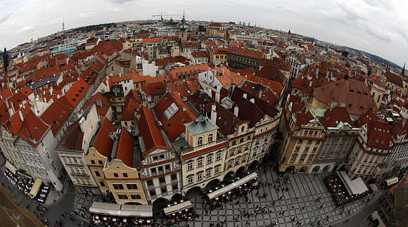 A view of Prague's historical centre from the Old Town Hall Tower in the Czech Republic.