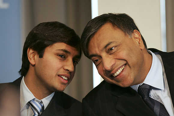 Lakshmi Mittal, head of Mittal Steel, with his son Aditya, in Paris, France.