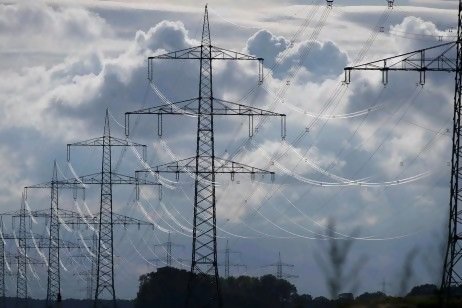 Electric power transmission lines are seen in Hamburg, Germany