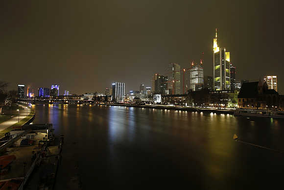 City skyline of Frankfurt on the banks of Main river.