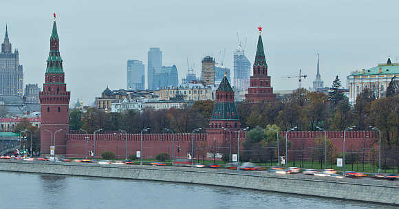 A view of Moscow's Kremlin, Ministry of Foreign Affairs and Moscow City business district.
