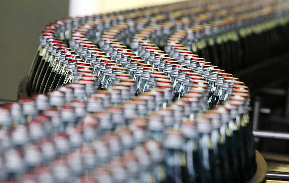 Bottled mineral water from Borjomi are seen at the production line of the IDS Borjomi Georgia's factory in Borjomi, some 150km southwest of Tbilisi. Georgia.