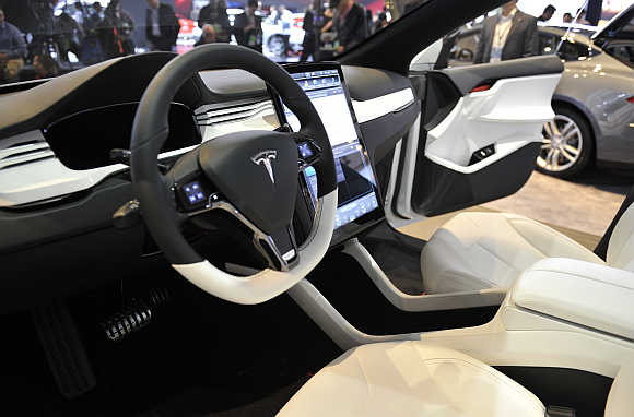 View of the interior of Tesla Model X in Detroit, Michigan.