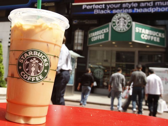 A Starbucks drink is seen on a table in New York's Times Square.