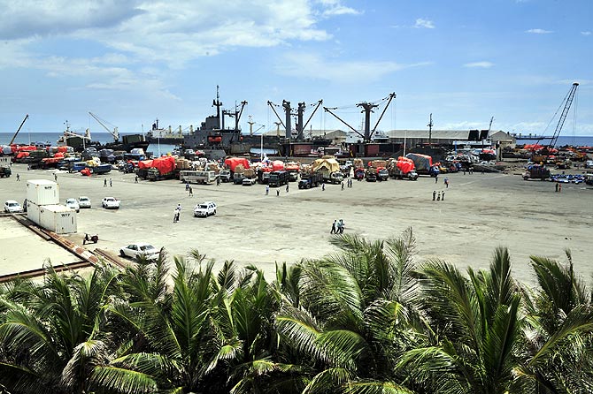 Somalia's seaport bustles with business as trucks come to offload ships of their cargo in Mogadishu.