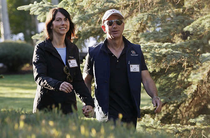 Jeff Bezos with his wife MacKenzie at the Sun Valley, Idaho Resort, United States.