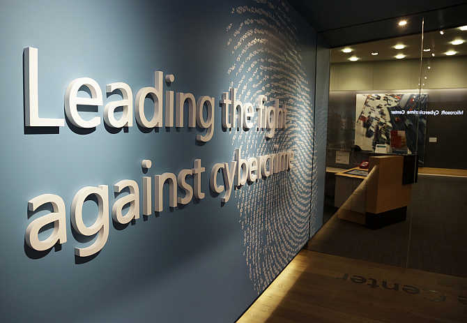 A sign is pictured in the hallway of the Microsoft Cybercrime Center, the headquarters of the Microsoft Digital Crimes Unit, in Redmond, Washington.