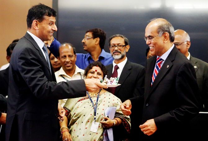 Then RBI governor Dr Raghuram Rajan with his predecessor Dr D Subbarao.