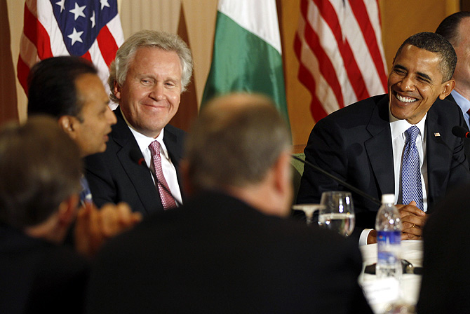 US President Barack Obama (R) and General Electric's CEO Jeffrey Immelt (3rd L) listen to Reliance Group's Anil Ambani (L) at the US-India Business and Entrepreneurship Summit in Mumbai.