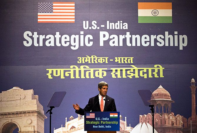 US Secretary of State John Kerry speaks on the US-India strategic partnership in New Delhi. Photograph: Ahmad Masood/Reuters