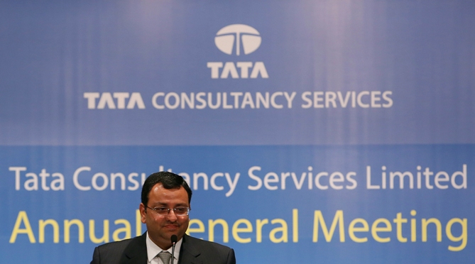 Tata Group Chairman Cyrus Mistry speaks to shareholders during the Tata Consultancy Services' annual general meeting in Mumbai.