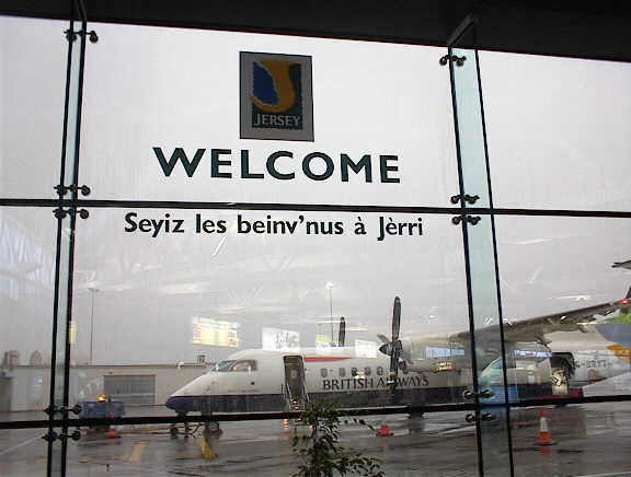 A welcome sign at the Jersey Airport.