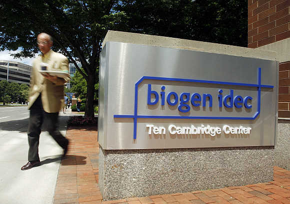 A sign outside the headquarters of Biogen Idec in Cambridge, Massachusetts.