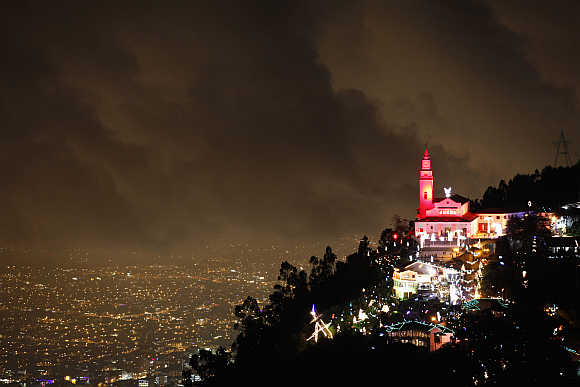 A view of illuminated Christmas decorations at Monserrate church in Bogota.
