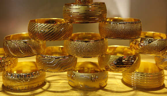 Gold bangles on display.