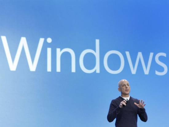 Steven Sinofsky, the president of the Windows and Windows Live Division at Microsoft, speaks at the launch event of Windows 8 operating system.