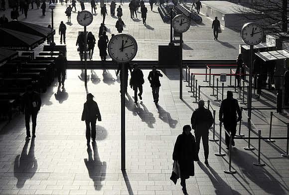 A plaza in the Canary Wharf business district of London.