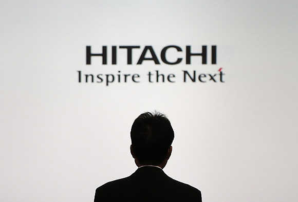 A logo of Hitachi in Tokyo.