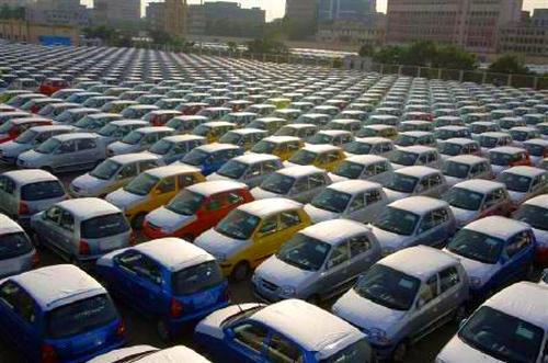 Hyundai cars are seen ready for shipment at a port in Chennai.