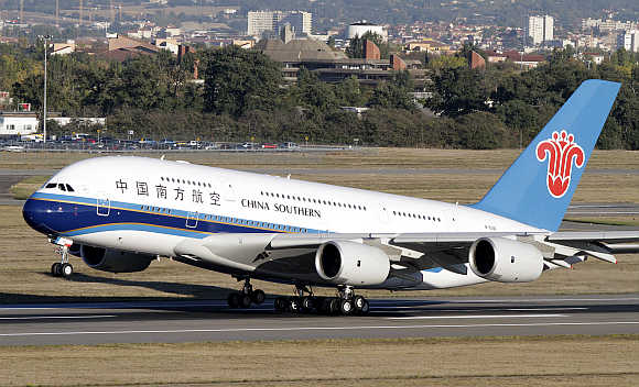 China Southern Airlines's Airbus A380 takes off from Toulouse-Blagnac airport, France.