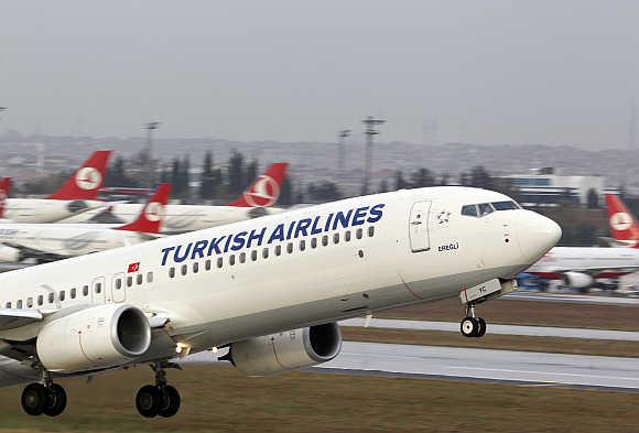 A Turkish Airlines plane takes off at Ataturk International Airport in Istanbul.