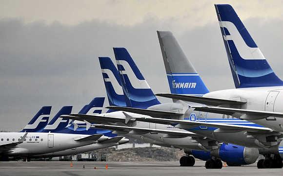 Finnish national airline company Finnair's planes on the tarmac of Helsinki international airport.