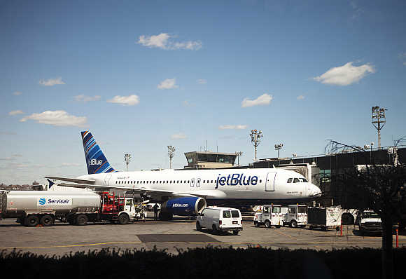 A JetBlue Airways plane at LaGuardia Airport in New York.