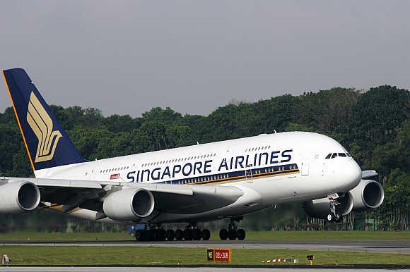 A Singapore Airlines A380 takes off from Singapore's Changi Airport.