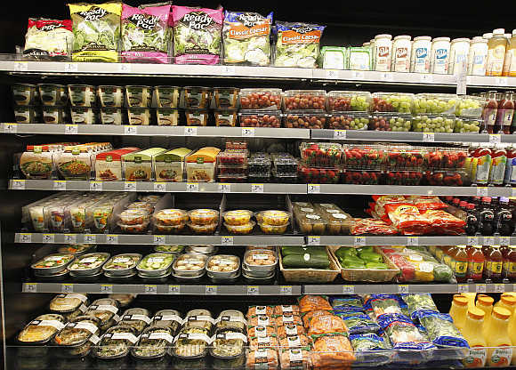 Salads, fresh fruits and prepared food for sale at a store in Hollywood, United States.