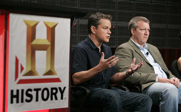 Matt Damon, left, actor and executive producer of the History Channel film 'The People Speak', and Chris Moore, executive producer, discuss the film in Pasadena, California, United States.