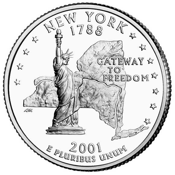 New York state quarter, one of 50 state copper quarters being issued by the US Mint.