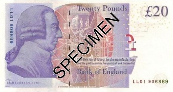 20 pounds banknote that features Economist Adam Smith.