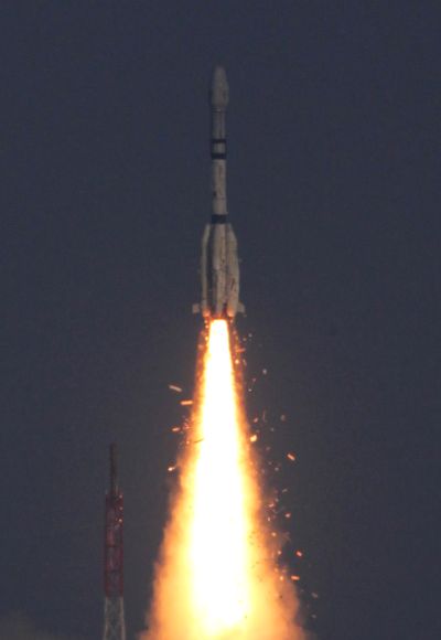 An Indian Geosynchronous Satellite Launch Vehicle (GSLV-F06) blasts off carrying the communication satellite GSAT- 5P from the Satish Dhawan space centre in Sriharikota.