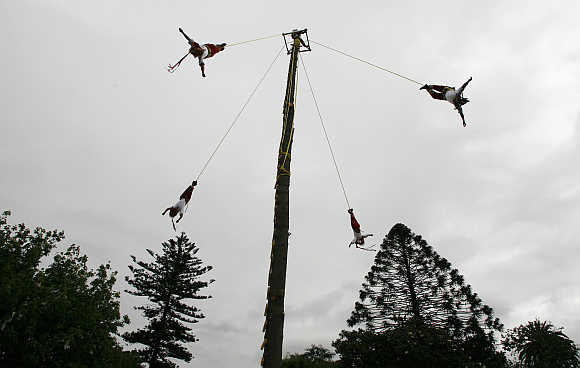 Men from Papantla, a village in Veracruz, Mexico, perform the flying rope ritual.